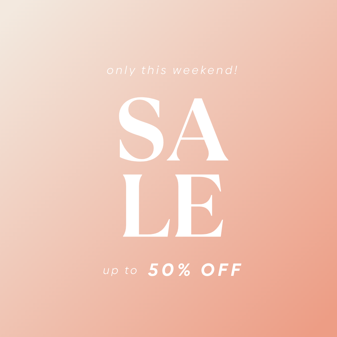 Image promoting Summer Sale with bold lettering highlighting a weekend sale and discounts up to 50% off.