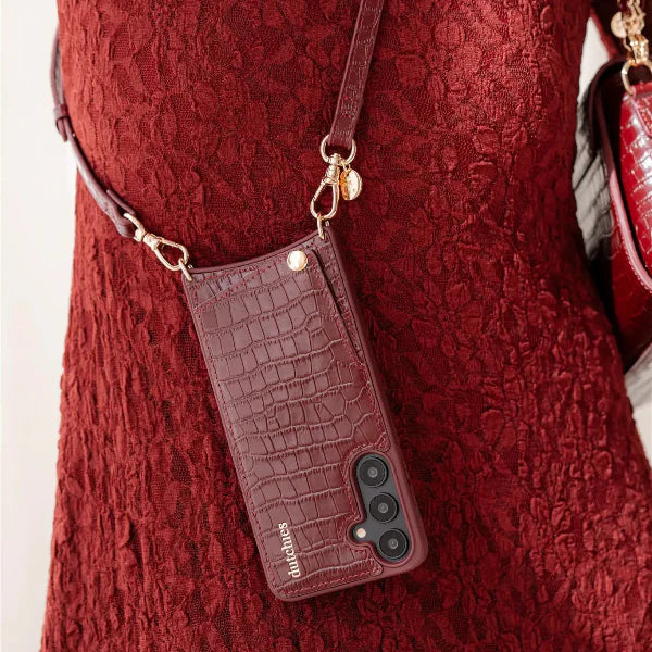 Stylish burgundy phone case accessory designed for Samsung Galaxy S25 EDGE, featuring a unique croc texture.