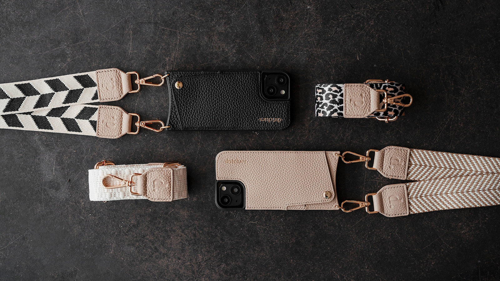 Stylish accessories for iPhone 14 Plus Case including straps and cases in various designs.