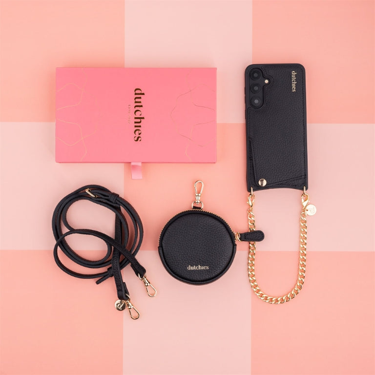 Luxury Set | Samsung | Black, stylish phone case, cardholder, and chain in a chic pink box.