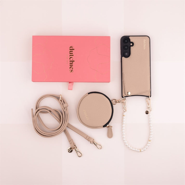 Luxury Set | Samsung | Beige - Stunning phone case, pouch, and chain in a chic beige color for effortless style.