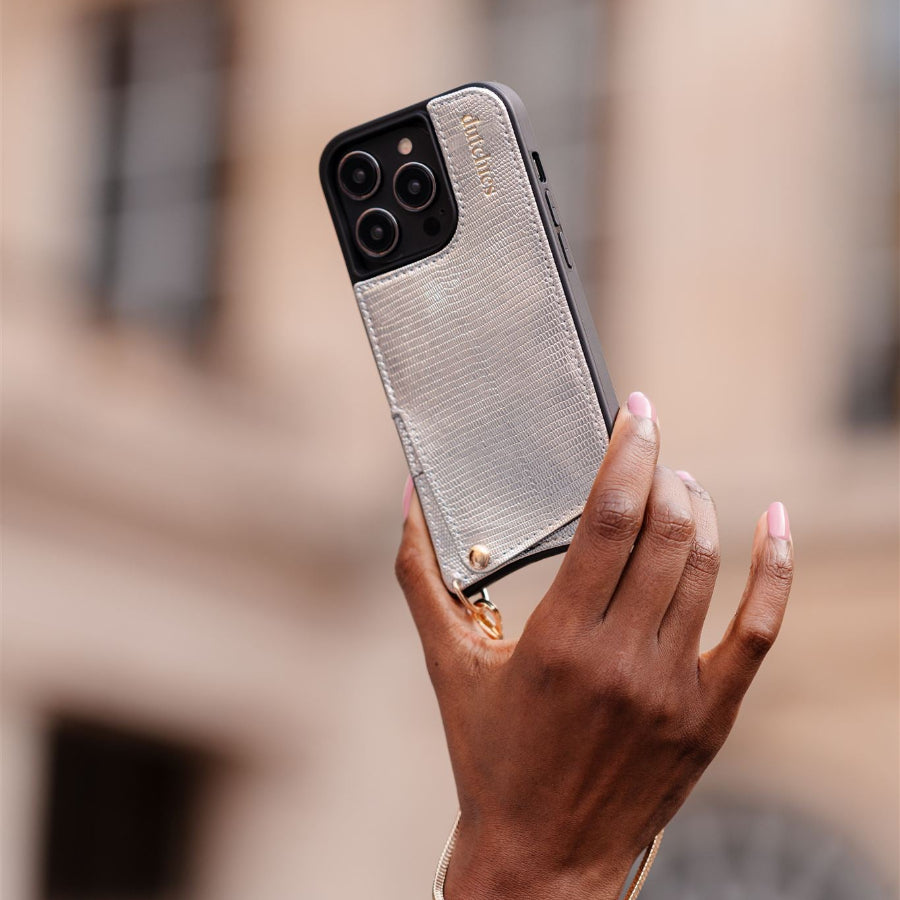 iPhone Case | Silvy in hand, showcasing cardholder and stylish design for ultimate protection and accessory.