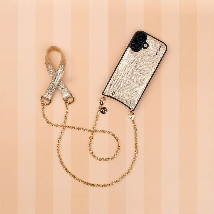 Spanish Chain Set | iPhone | Goldy featuring a gold phone case with a stylish chain strap on a striped background.
