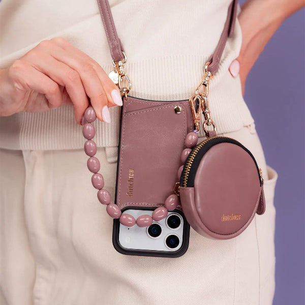 Phone Charm | Beaded | Eileen showcased with a mauve beaded mobile phone charm and chic accessories.