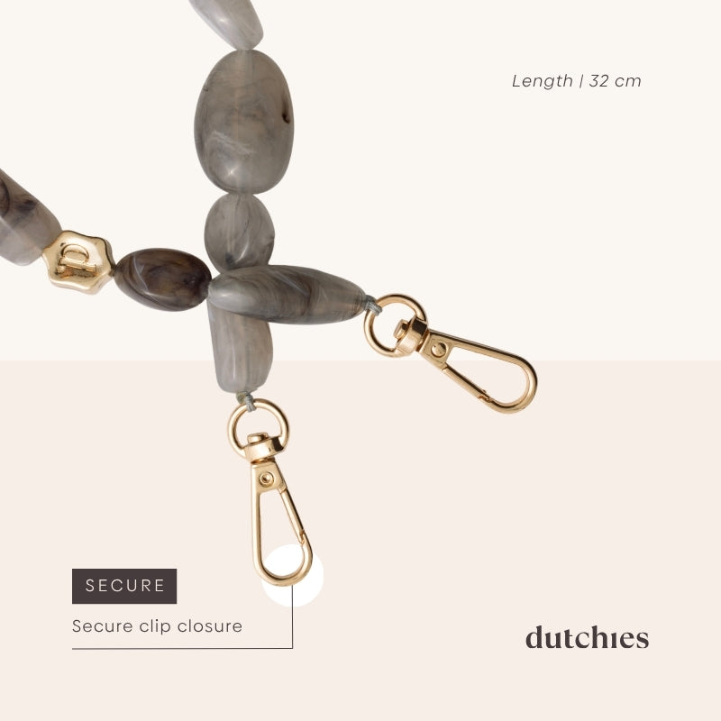Phone Charm | Beaded | Ada, grey beaded phone charm with secure clip closure, 32 cm length.