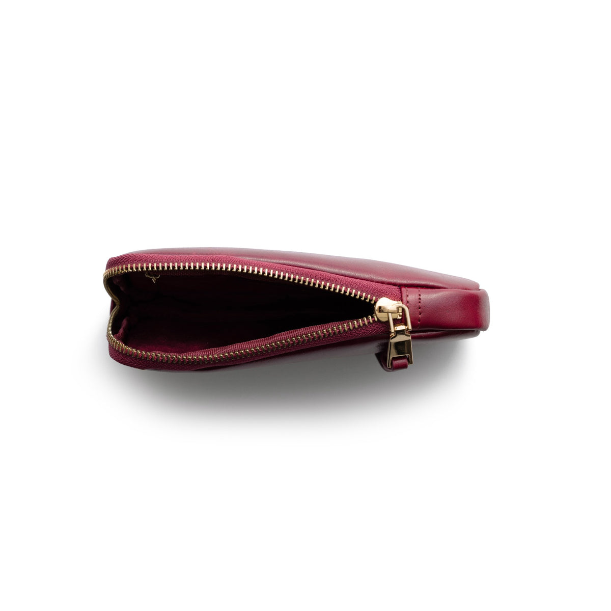 Phone Bag Rose | Raspberry Red - sleek top view of a stylish leather phone pouch with zipper.