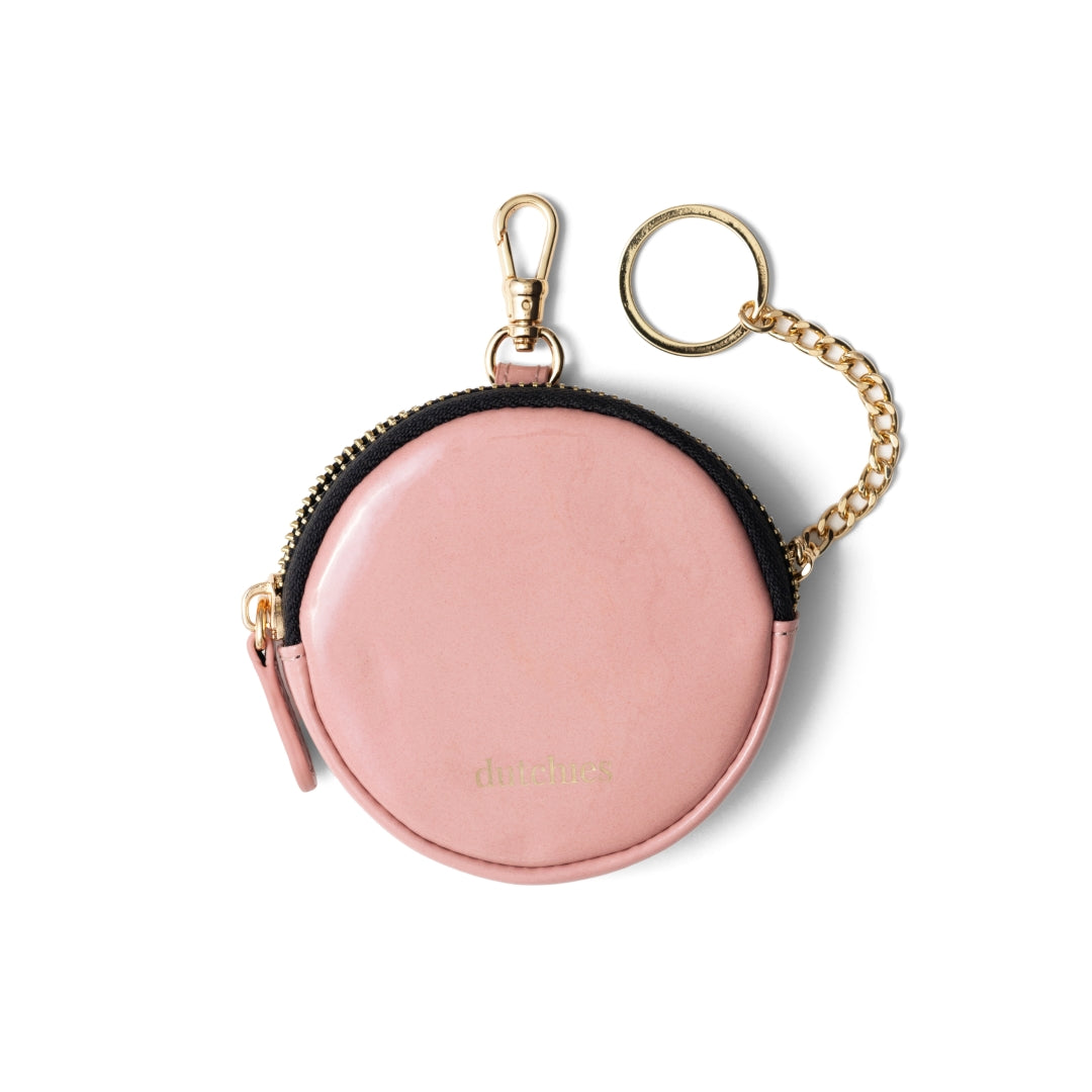 Mini Phone Bag Emma | Gloss Pink round pouch with chain and gold clip.