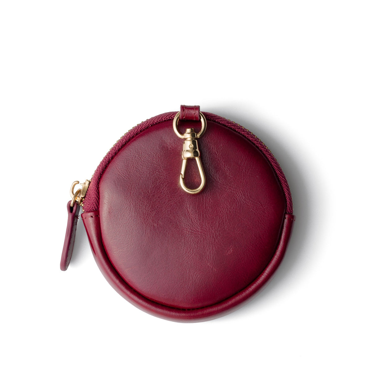 Mini Phone Bag Emma | Raspberry Red round leather pouch with gold clip and zipper