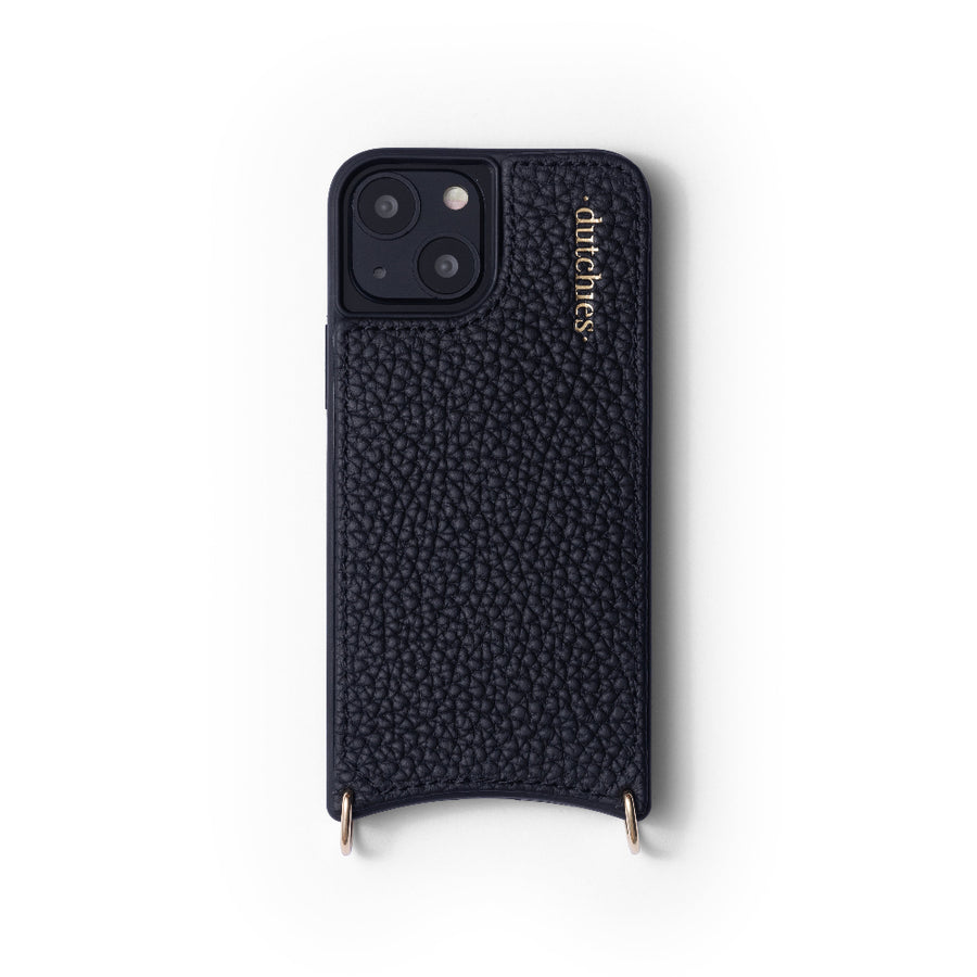 A black iPhone case made of genuine leather, featuring a cardholder and metal rings for attaching a strap.