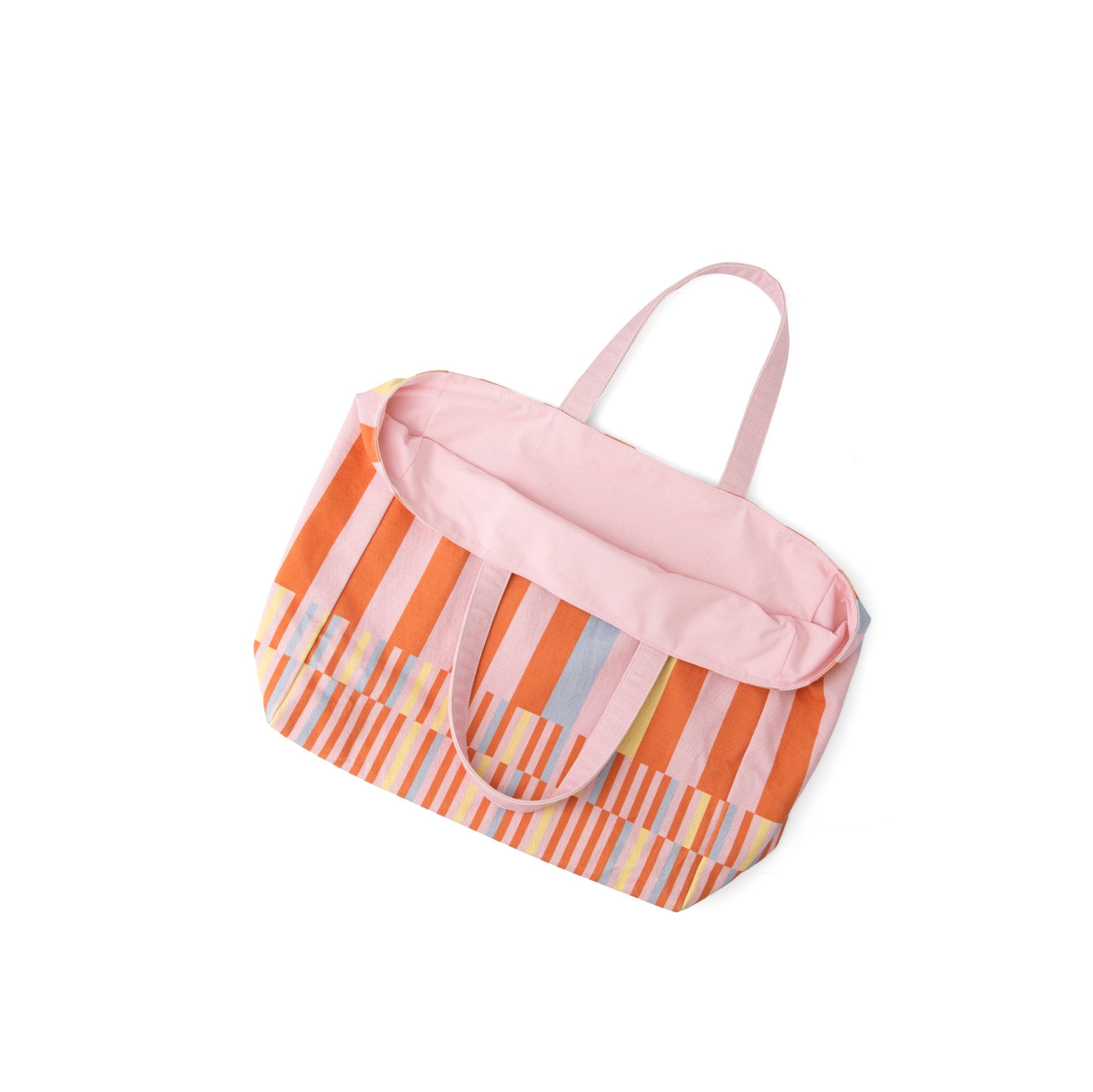 Cotton Beach Bag with vibrant stripes, perfect for beach days and picnics, featuring a pink top and golden keyring.
