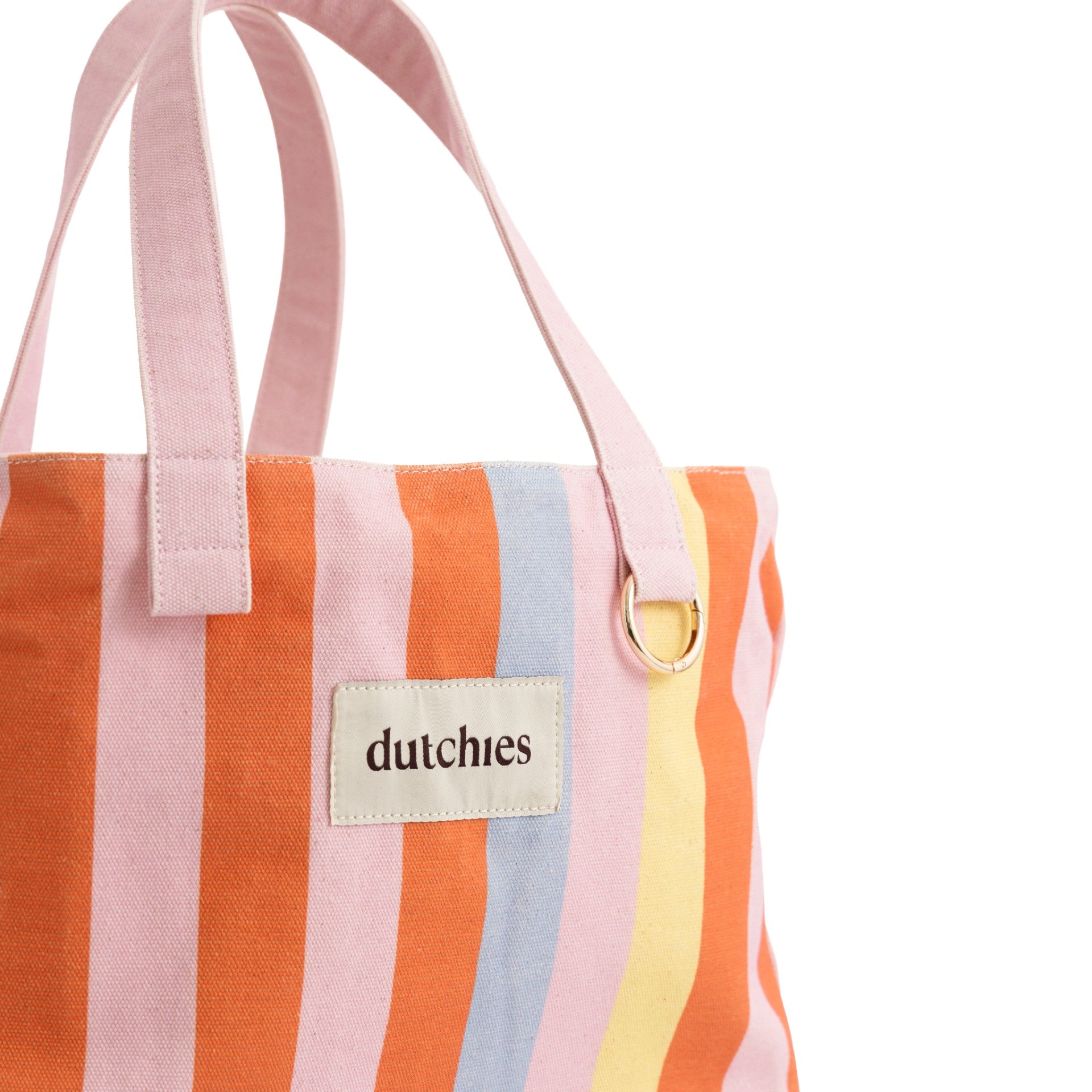 Vibrant Cotton Beach Bag with multicolor stripes and golden keyring by Dutchies.