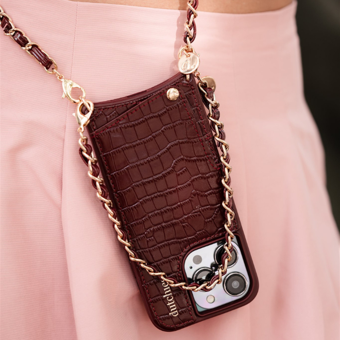 Phone Chain | Italian | Burgundy showcasing a chic phone case with cardholder, perfect for combining with a phone strap.