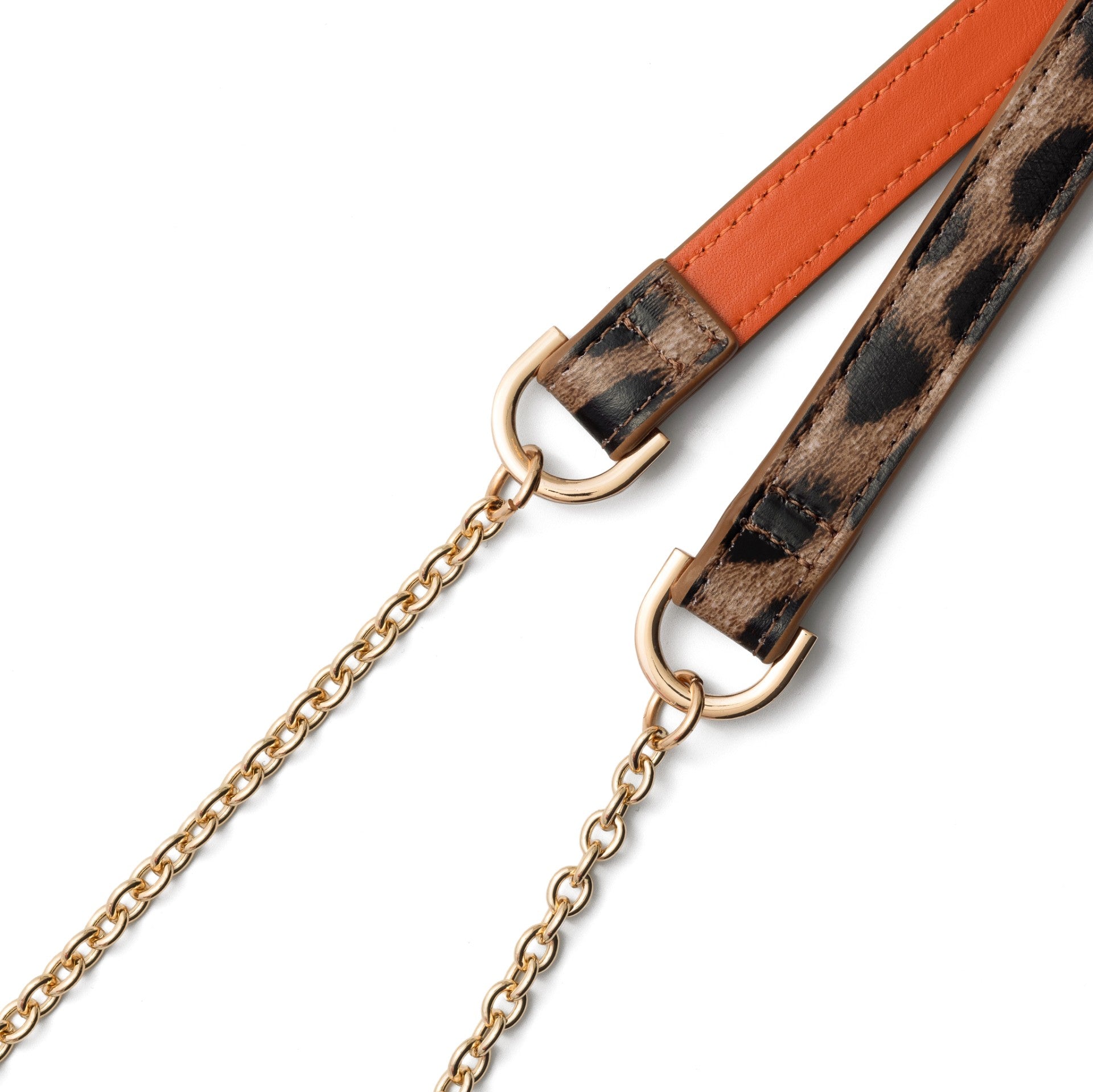 Phone Chain | Spanish | Leopard close-up showing leopard print and orange detailing, perfect for stylish hands-free convenience.