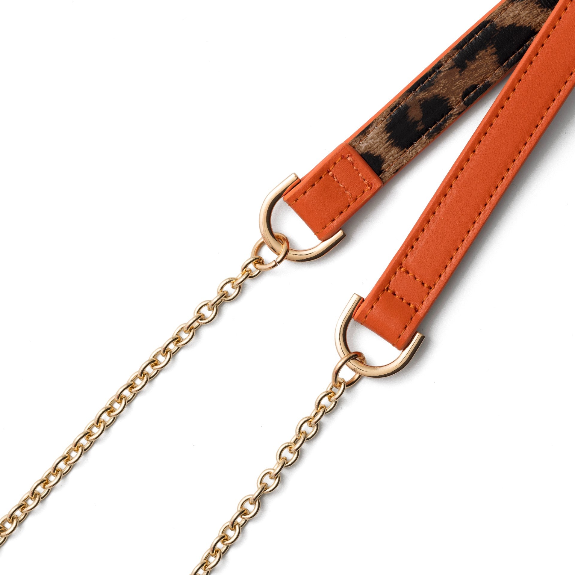Phone Chain | Spanish | Orange close-up showing the vibrant orange straps and stylish gold chain.