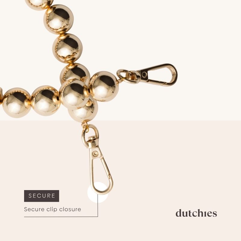 Phone Charm | Beaded | Donna featuring a secure clip closure with shiny gold beads.