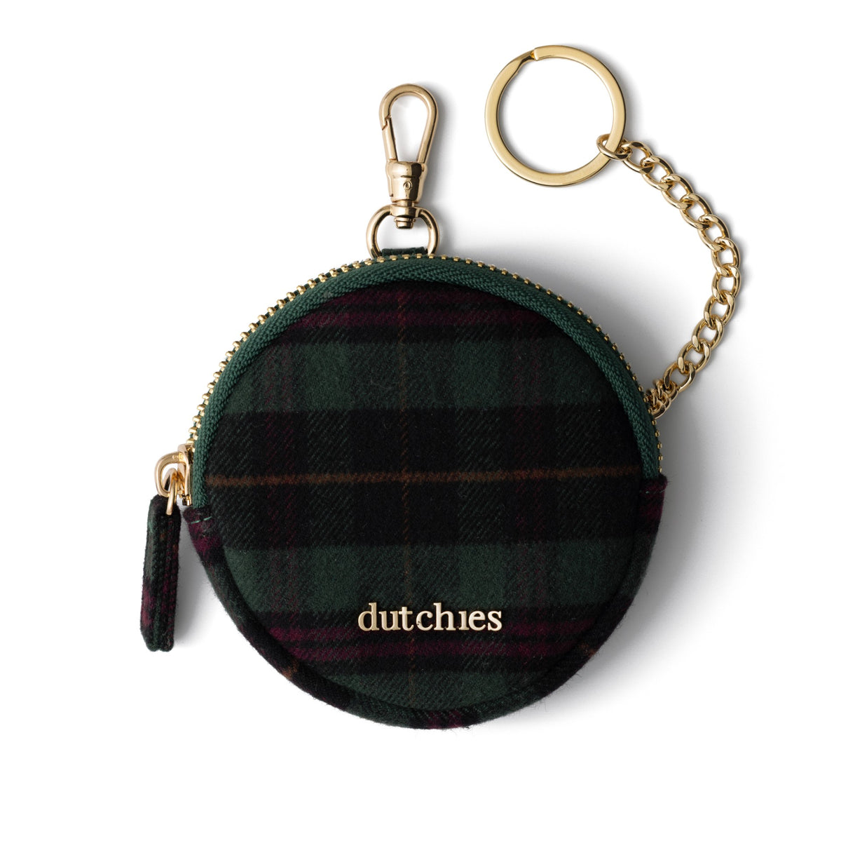 Mini Phone Bag Emma | Forest Green Tartan stylish round pouch with a clip and chain.