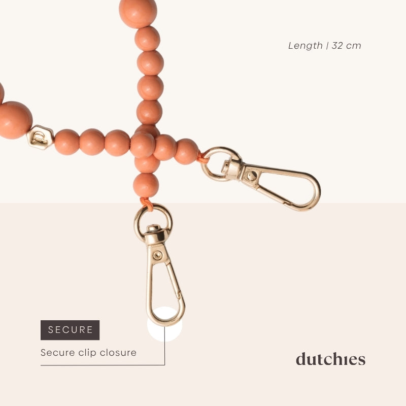 Phone Charm | Beaded | Freya showing secure clip closure and 32 cm length.