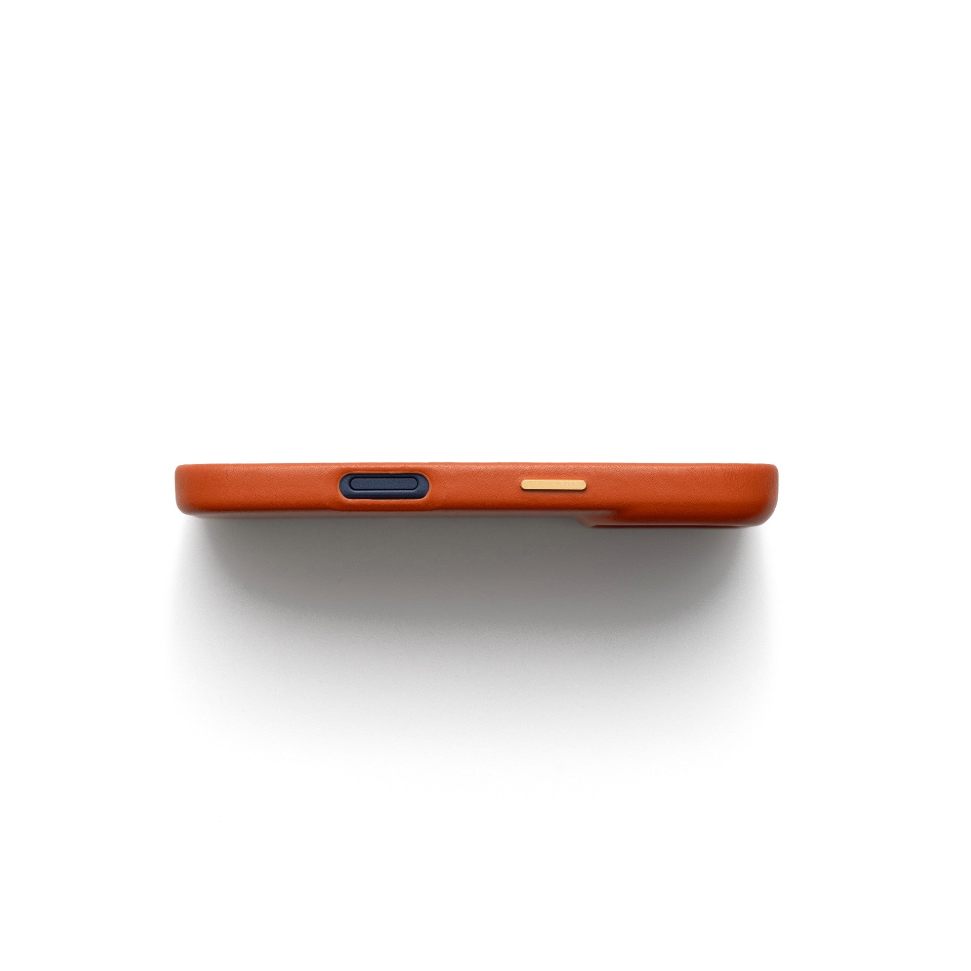 iPhone Case | Orange (Full Wrapped) side view showing premium leather finish and button details.