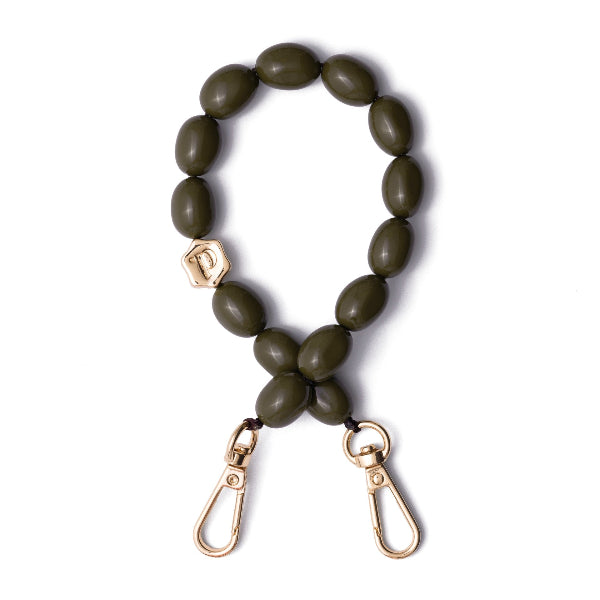 Green beaded Phone Charm with gold clasp on a white background