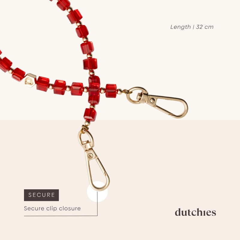 Red glass phone charm, phone wristlet by dutchies with secure clip closure, Phone Charm | Beaded | Hedy.