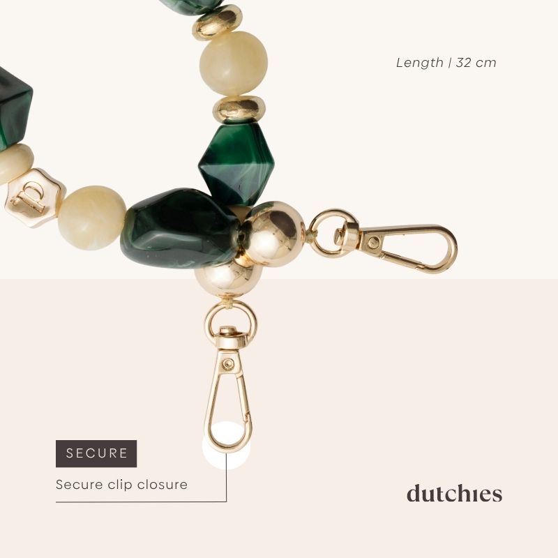 Phone Charm | Beaded | Harriet with secure clip closure showcasing forest green and gold beads.