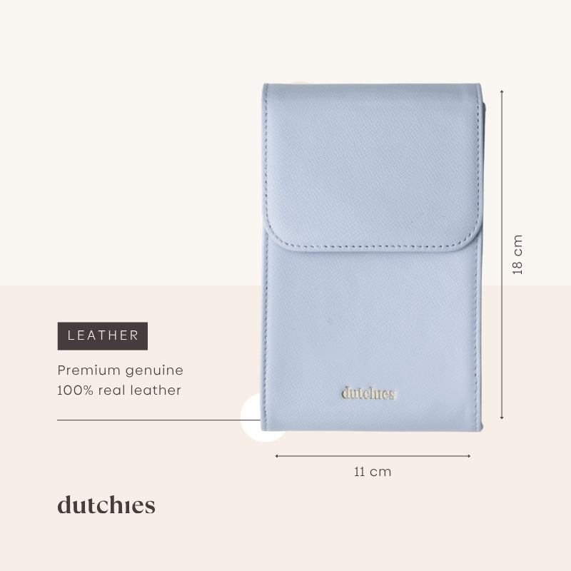 Phone Bag Juliet | Blue made of premium genuine leather with dimensions 11 cm x 18 cm.