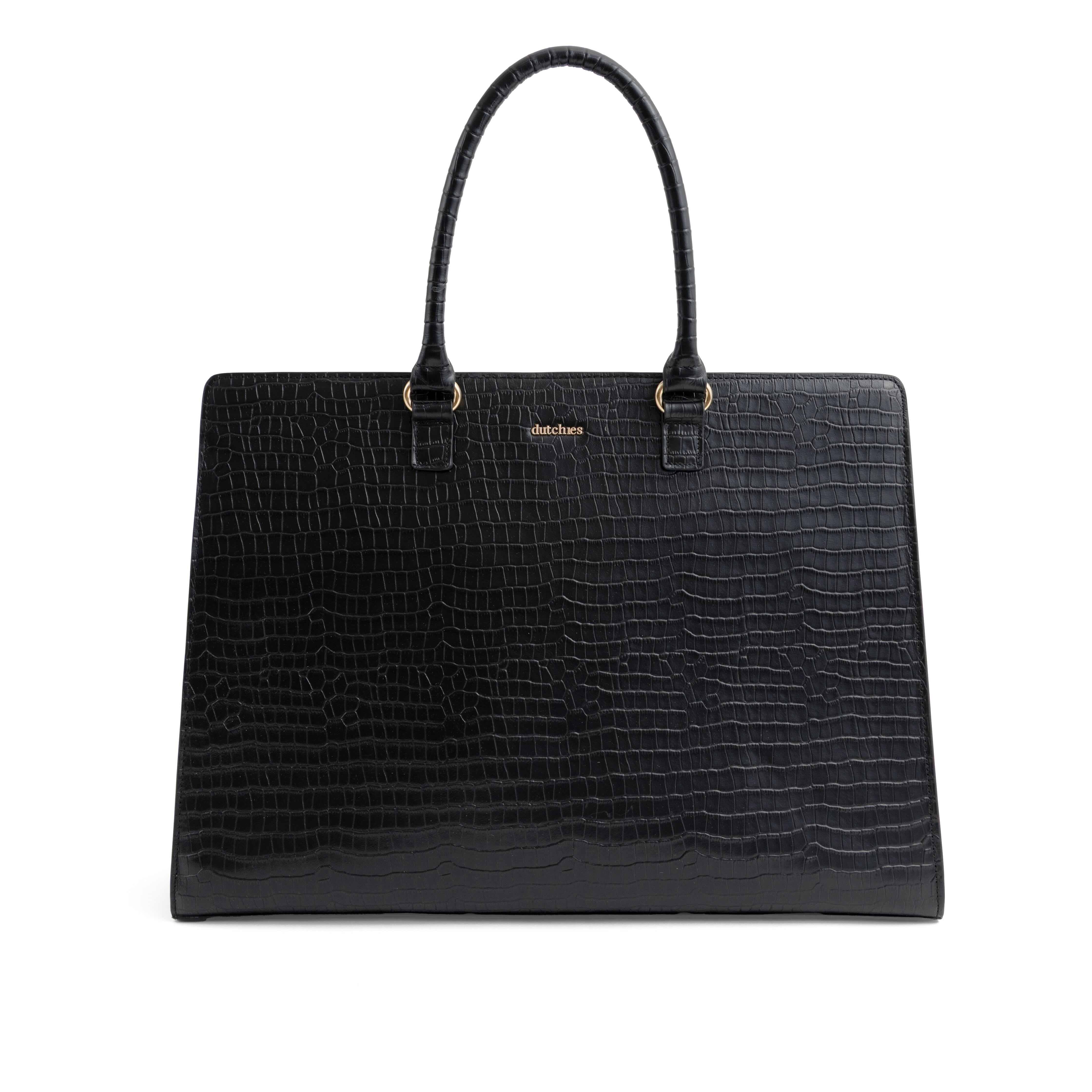 Classy black leather laptop bag with crocodile pattern and stylish handles, perfect for work and daily use.
