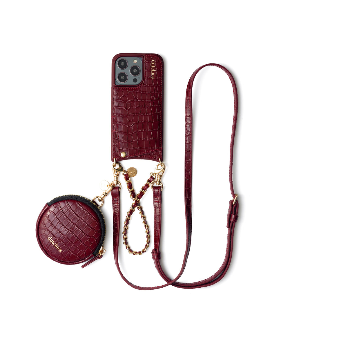 Luxus-Set | iPhone | Burgundy: Stilvolle Handyhülle mit Kartenfach, Handyband und Charm in sattem Burgunderrot.