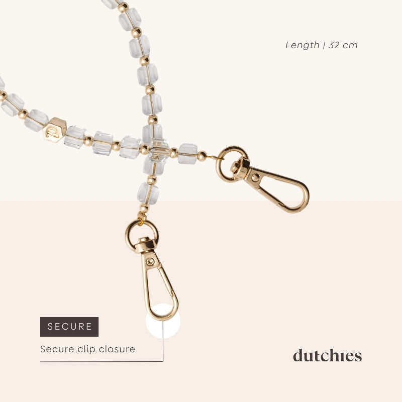 Phone Charm | Beaded | Mae, featuring glass beads and a secure clip closure, 32 cm long, stylish phone wristlet accessory.