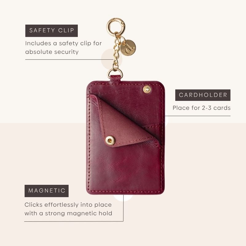 MagSafe Wallet | Raspberry Red with safety clip and strong magnetic hold for secure card storage.