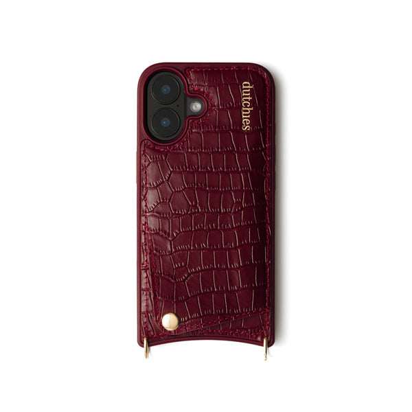 iPhone Hülle | Burgundy mit Kartenhalter, handgefertigt aus Leder und mit Befestigung für ein Handyband.