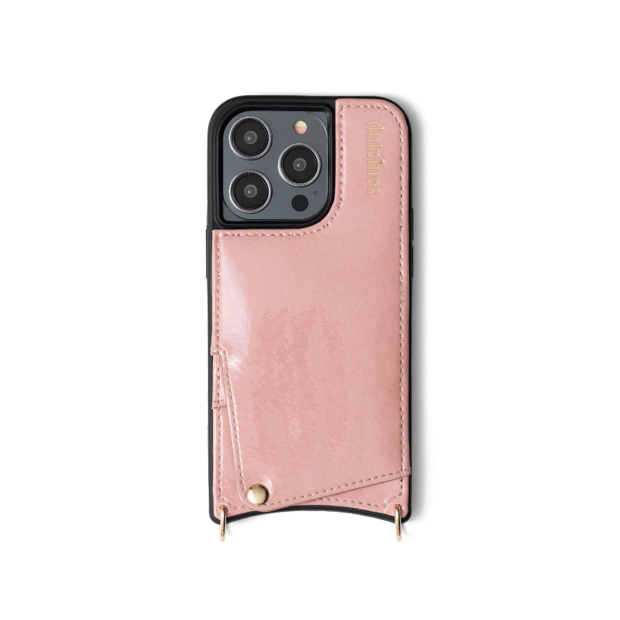 iPhone Case | Gloss Pink with cardholder, crafted from genuine leather featuring premium metal finishes.
