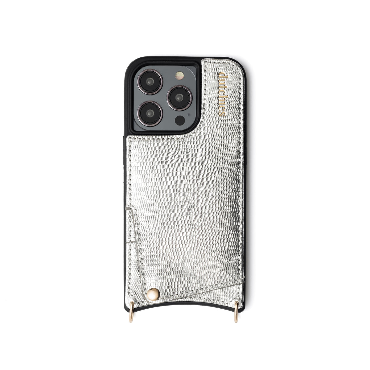 iPhone Case | Silvy in silver with cardholder and snap button, designed for style and protection.