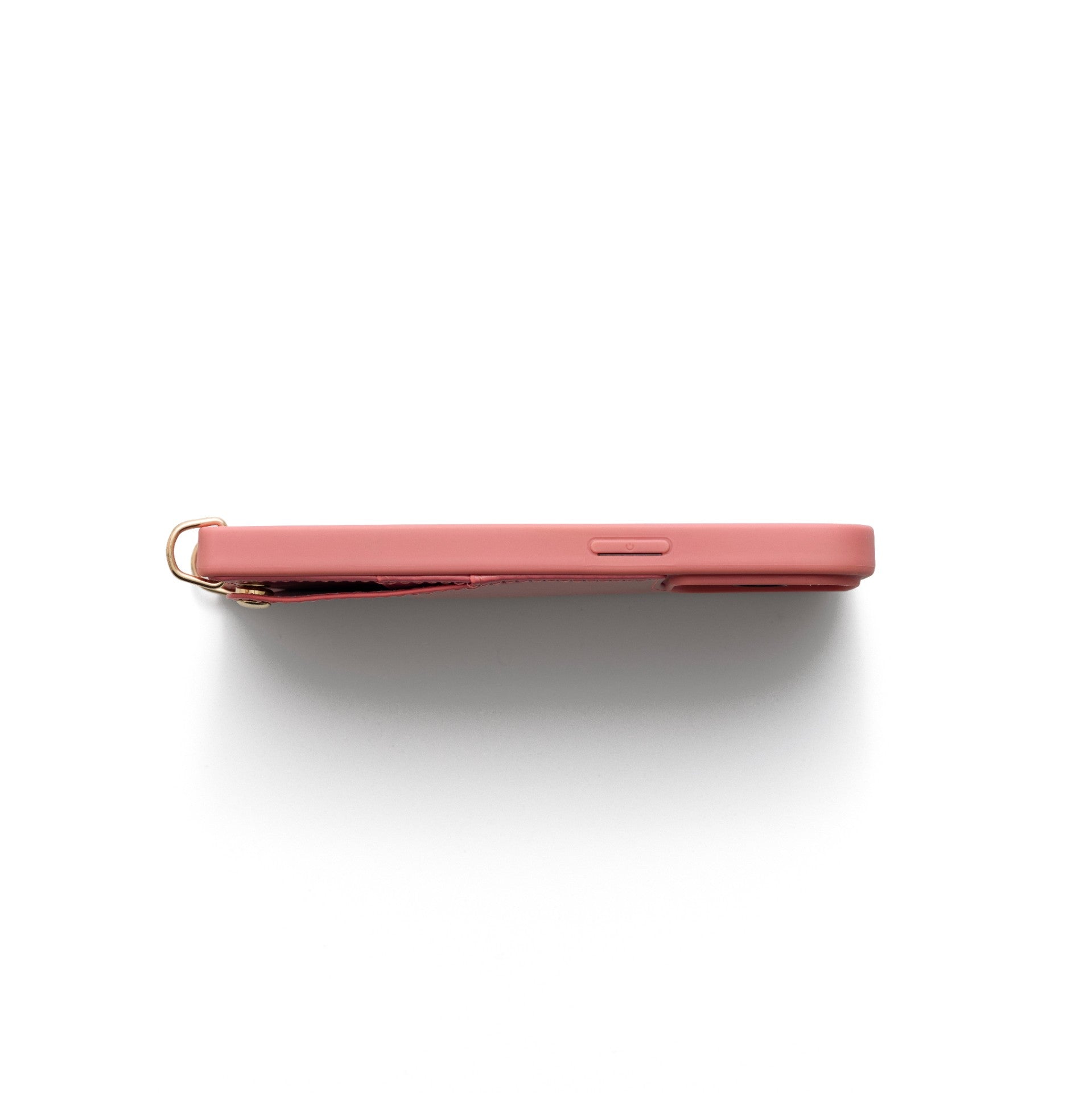 iPhone Case | Pink showing side view, handcrafted leather with metal finishes and strap rings.