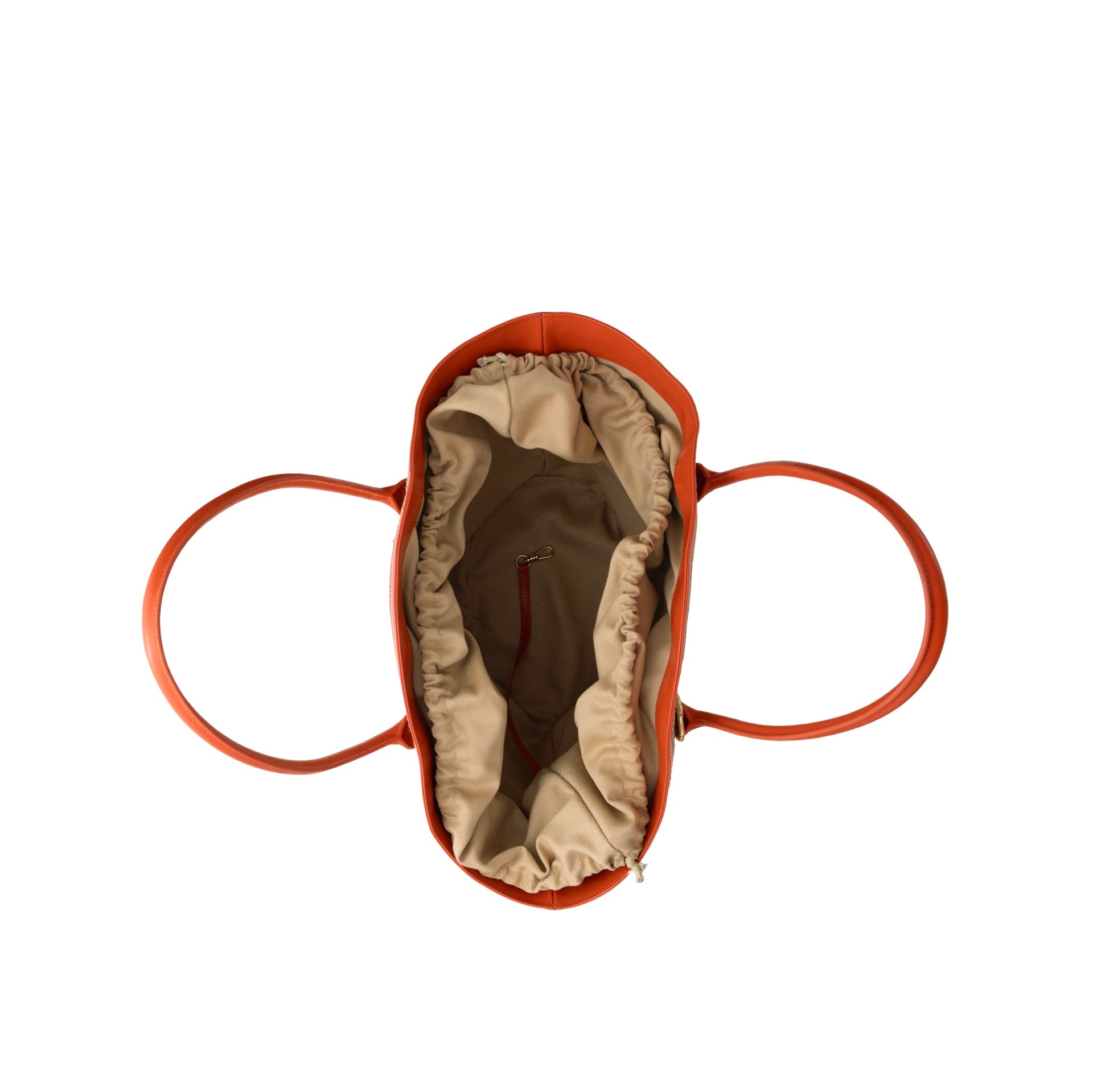 Beach Bag | Raffia Orange top view showcasing spacious interior with beige lining and handles, perfect for summer essentials.