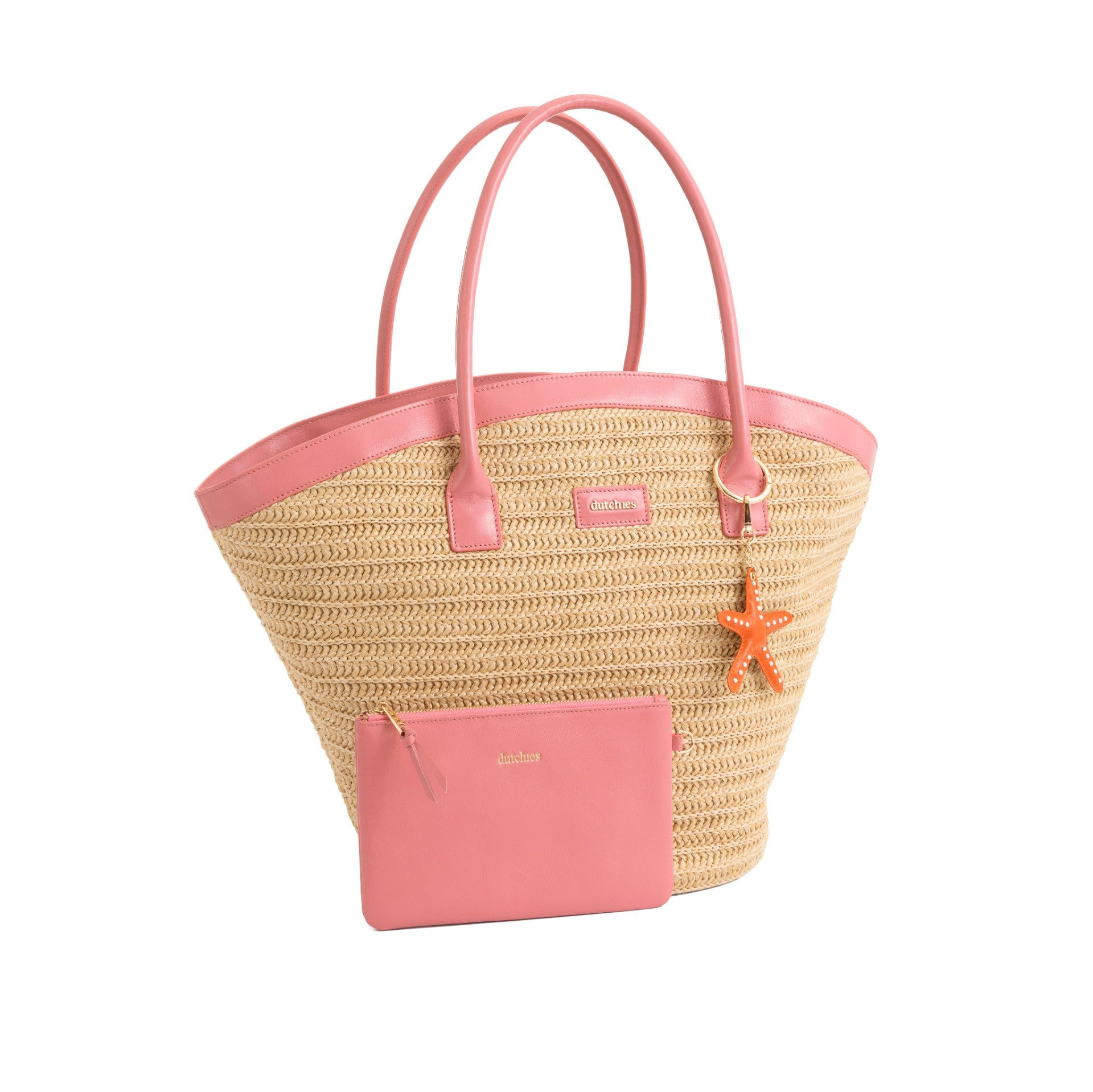 Beach Bag Set | Raffia Pink with stylish raffia beach bag and matching pink pouch for ultimate summer vibes.
