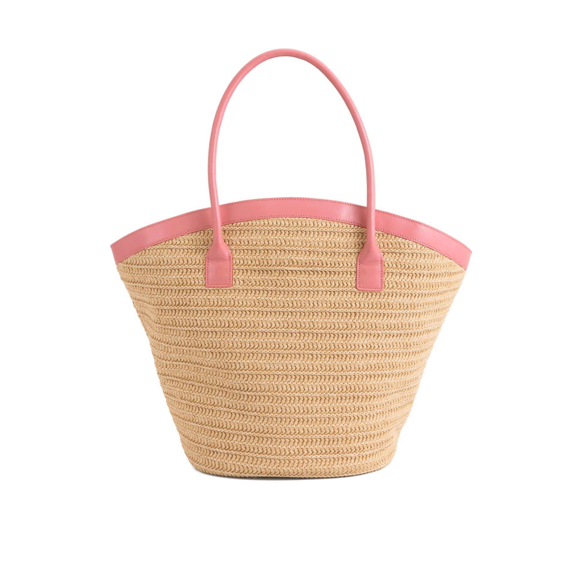 Beach Bag | Raffia Pink: a stylish straw beach bag with pink handles for summer fun.
