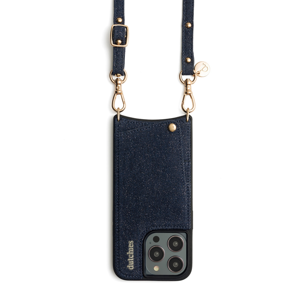 Dragonne de téléphone | Slimline Studs | Denim Glitter avec quincaillerie élégante en denim et dorée, parfaite pour garder les mains libres.