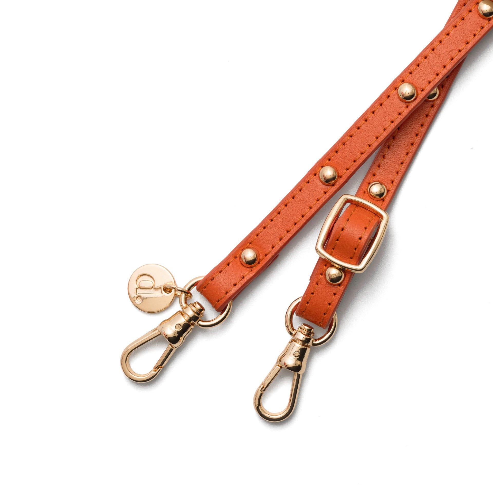 Phone strap | Slimline with Studs | Orange - luxurious orange leather strap with gold studs and clips.
