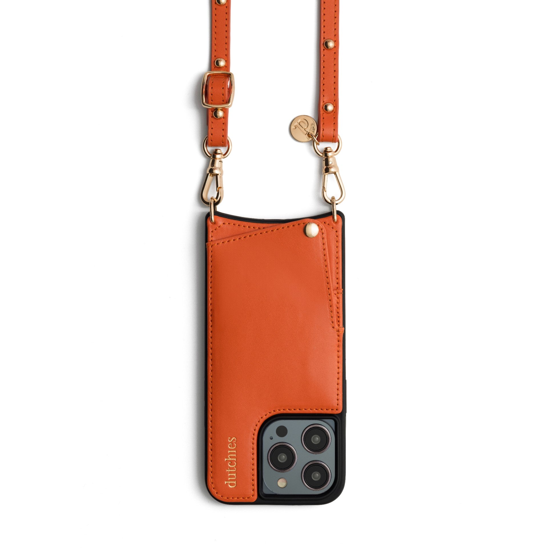 Phone strap | Slimline with Studs | Orange - luxurious leather phone strap with golden studs.