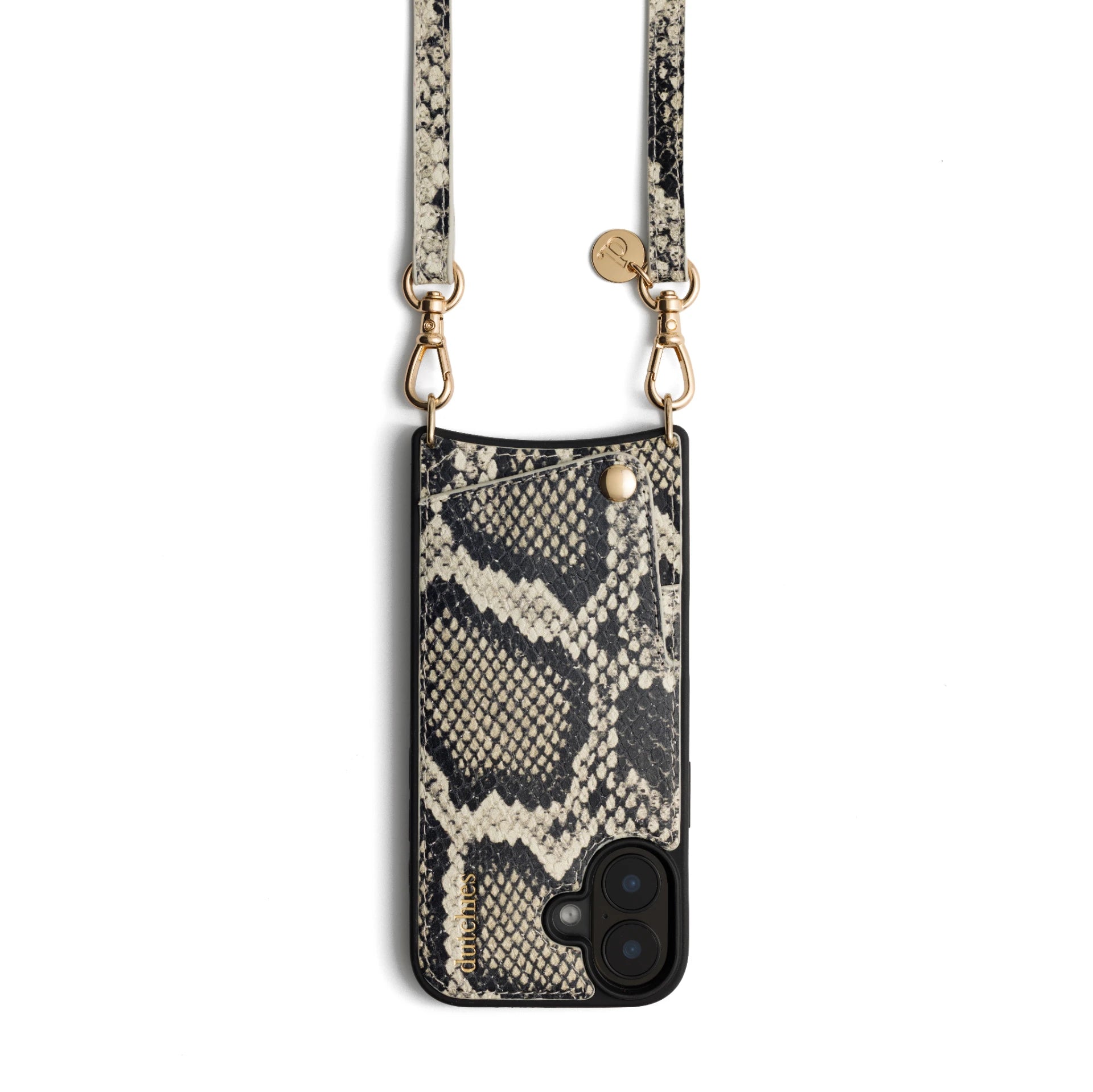 Phone Strap | Slimline | Snake elegantly showcasing a black and cream snake print design, ideal for hands-free convenience.