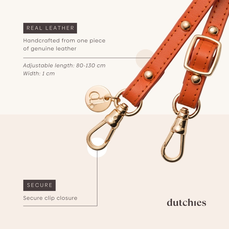 Phone strap | Slimline with Studs | Orange - handcrafted leather with gold studs and adjustable length.