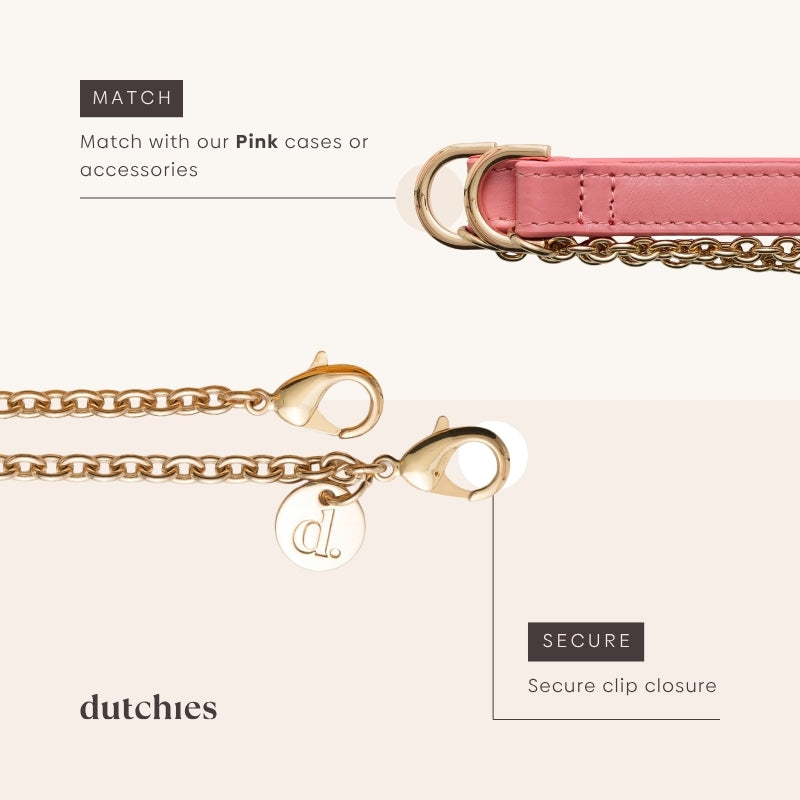 Phone Chain | Spanish | Pink with gold clips and pink accessories for a stylish, hands-free look.