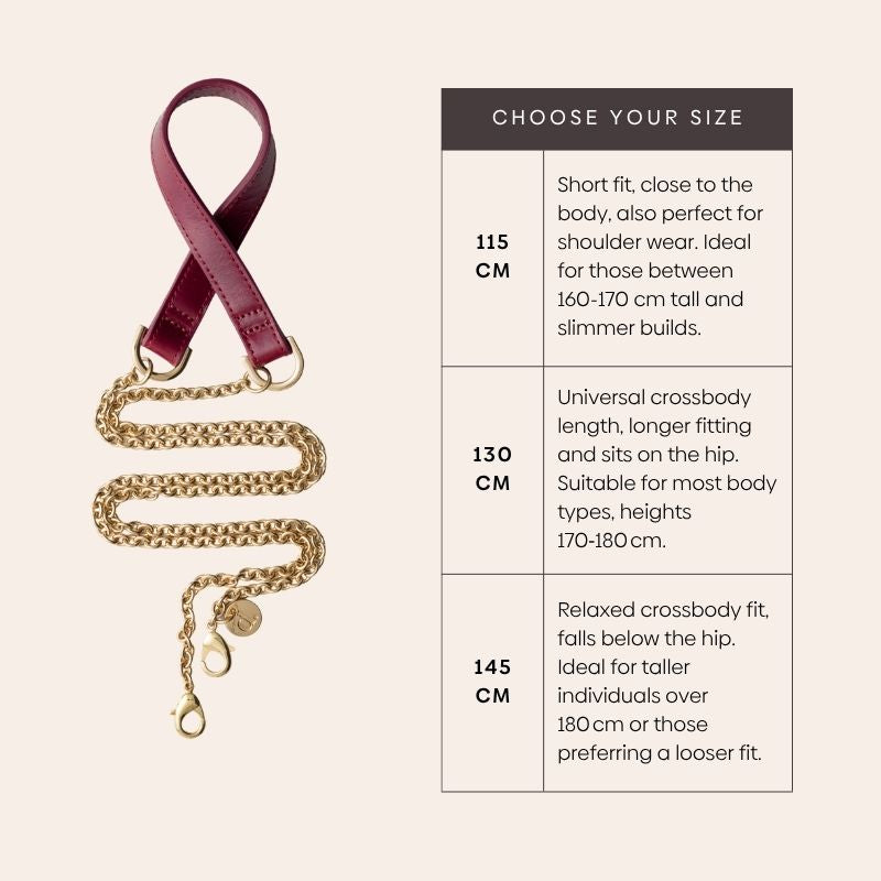 Phone Chain | Spanish | Raspberry Red size chart showing options 115 cm, 130 cm, and 145 cm for the trendy phone chain.
