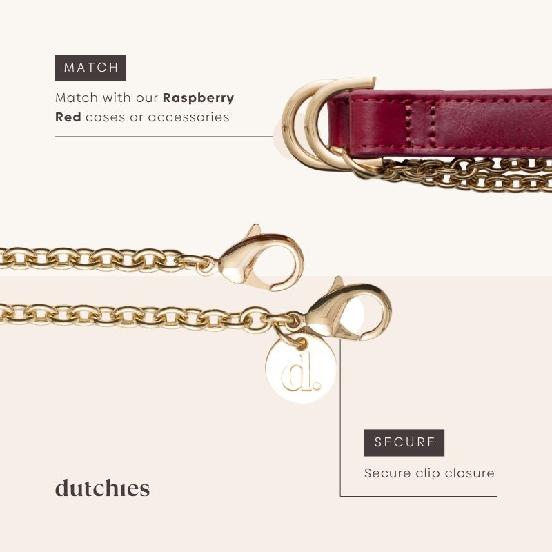 Phone Chain | Spanish | Raspberry Red with secure clip closure and golden accents