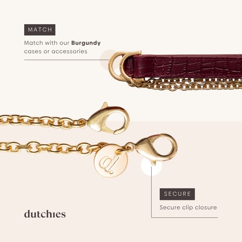 Phone Chain | Spanish | Burgundy with secure clip closure and matching accessories for stylish convenience.