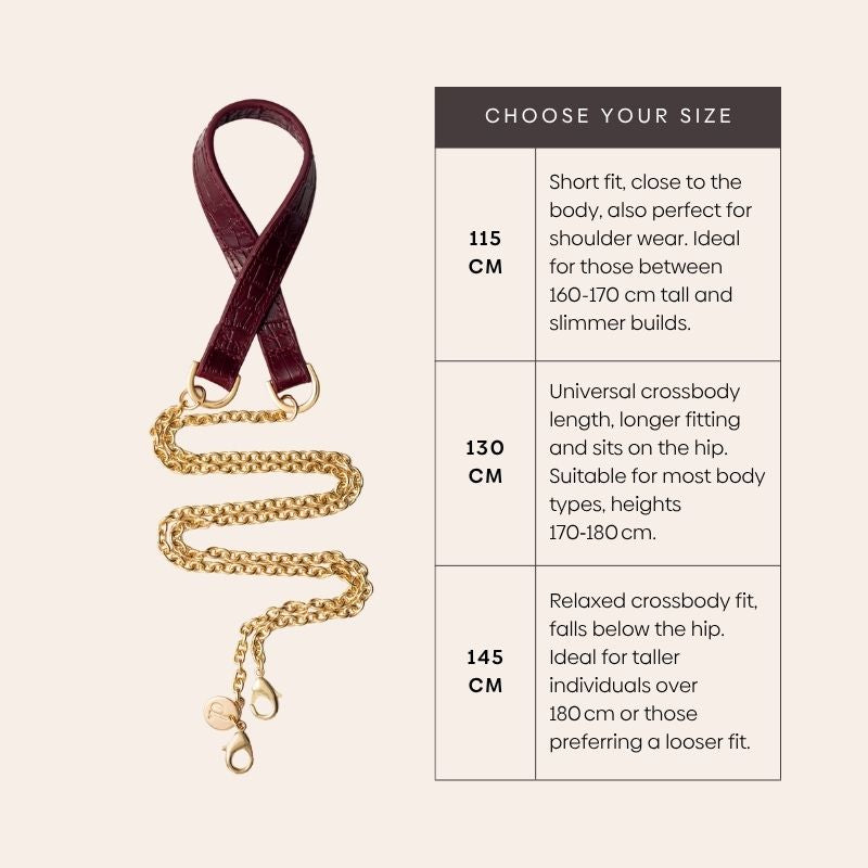 Choose your size for Phone Chain | Spanish | Burgundy: 115cm, 130cm, 145cm options for perfect fit.