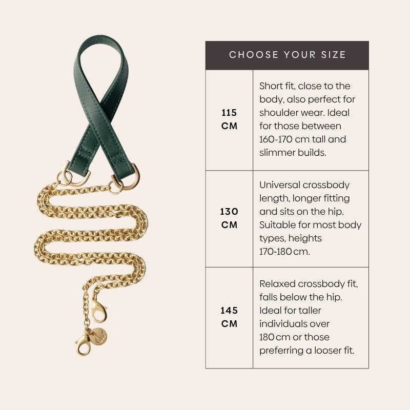 Phone Chain | Spanish | Forest Green size guide showing dimensions for different fits.