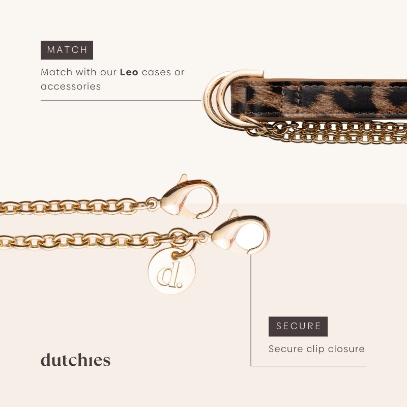 Phone Chain | Spanish | Leopard detailing featuring gold chain and secure clip closure for trendy convenience.