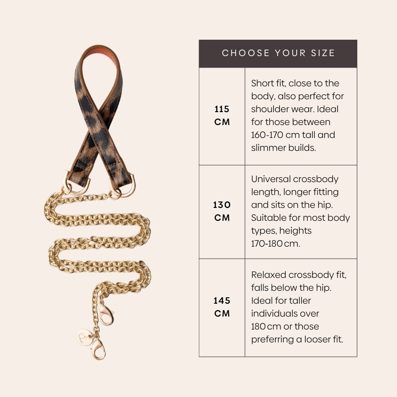 Phone Chain | Spanish | Leopard size guide showing 115 cm, 130 cm, and 145 cm measurements for the trendy phone chain.